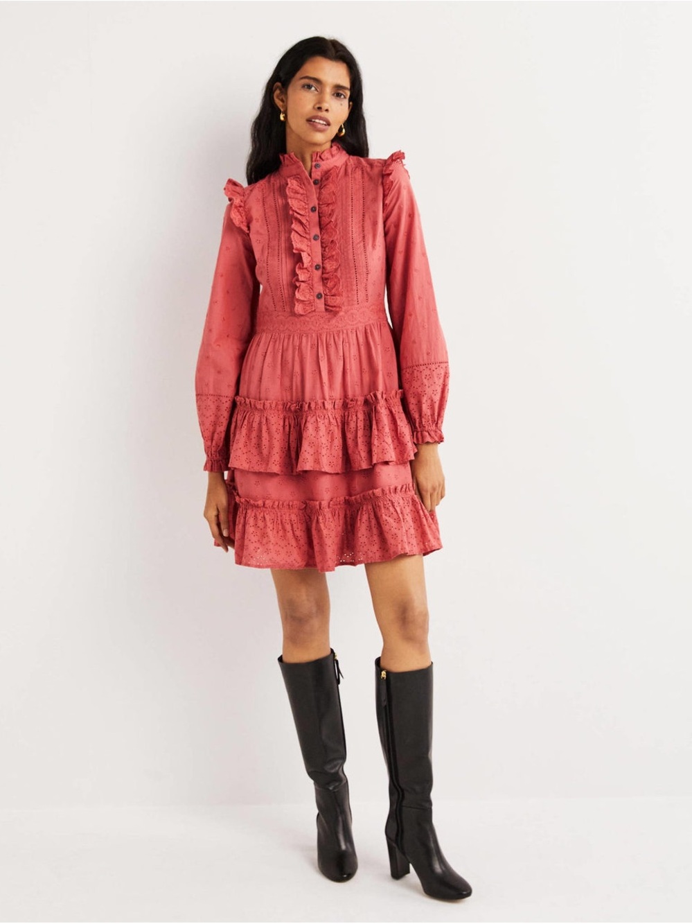 Boden Mixed Broderie Shirt Dress Dusty Red Pink Size 4